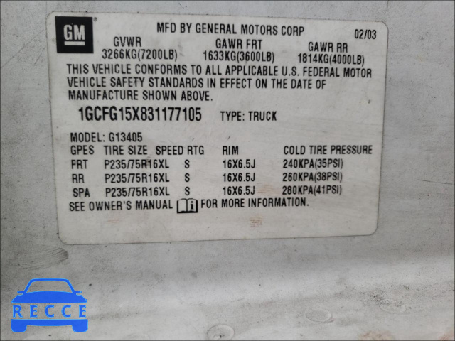 2003 CHEVROLET EXPRESS 1GCFG15X831177105 image 9