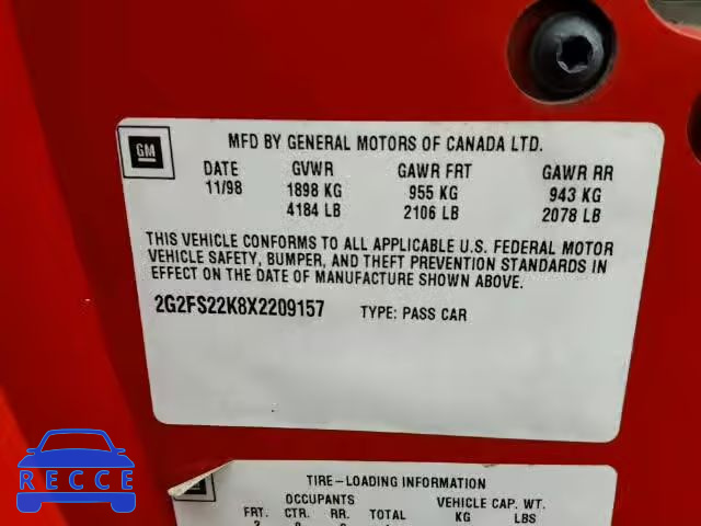 1999 PONTIAC FIREBIRD 2G2FS22K8X2209157 Bild 9