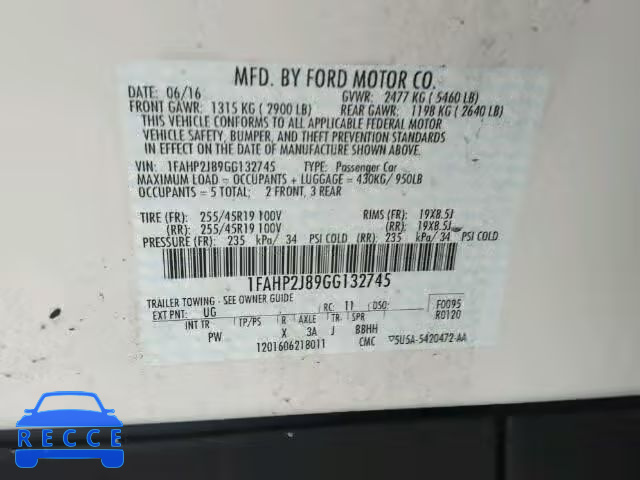 2016 FORD TAURUS LIM 1FAHP2J89GG132745 Bild 9