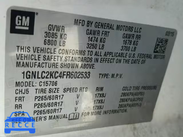 2015 CHEVROLET TAHOE C150 1GNLC2KC4FR602533 image 9