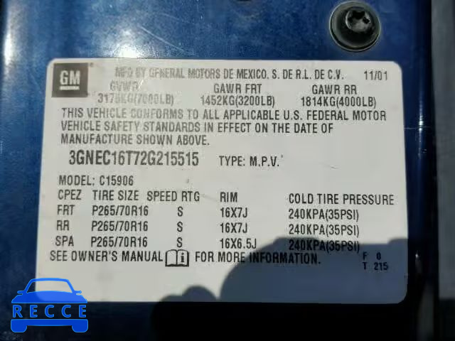 2002 CHEVROLET SUBURBAN 3GNEC16T72G215515 image 9