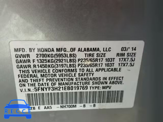 2014 HONDA PILOT LX 5FNYF3H21EB019769 image 9