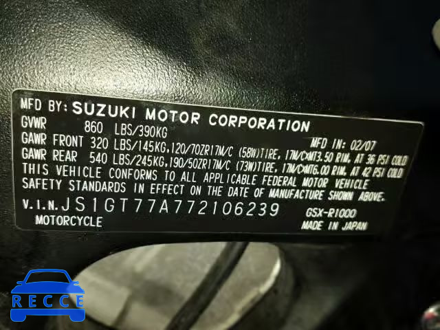 2007 SUZUKI GSX-R1000 JS1GT77A772106239 image 9
