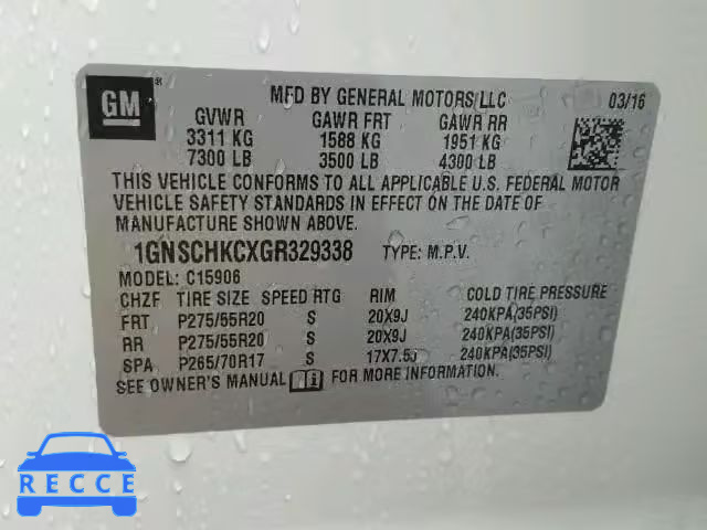 2016 CHEVROLET C1500 SUBU 1GNSCHKCXGR329338 image 9