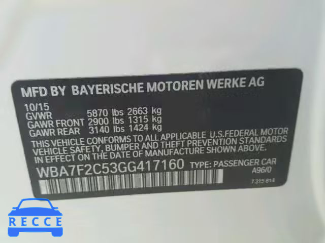 2016 BMW 750I XDRIV WBA7F2C53GG417160 зображення 9
