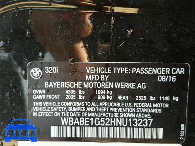 2017 BMW 320 I WBA8E1G52HNU13237 зображення 9