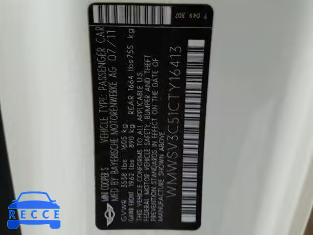 2012 MINI COOPER S WMWSV3C51CTY16413 image 9