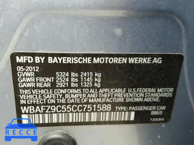 2012 BMW 535I HYBRI WBAFZ9C55CC751588 зображення 9