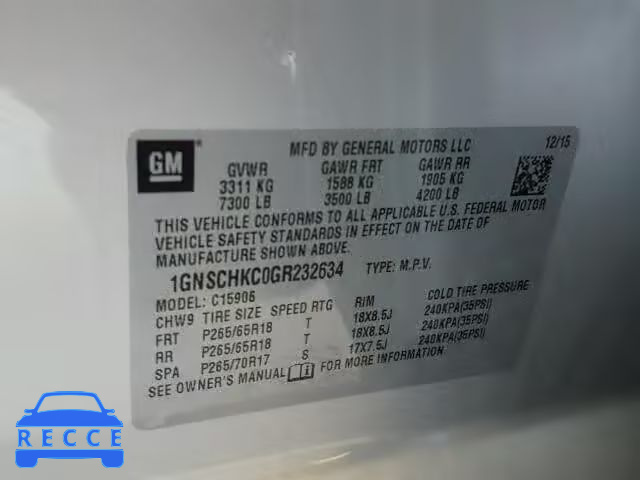 2016 CHEVROLET C1500 SUBU 1GNSCHKC0GR232634 image 9