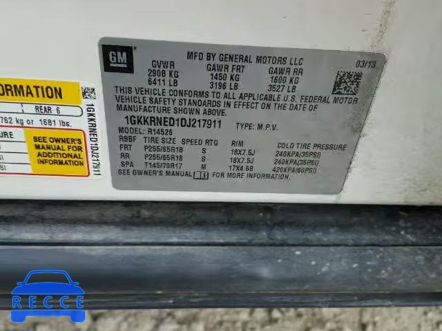 2013 GMC ACADIA SLE 1GKKRNED1DJ217911 зображення 9