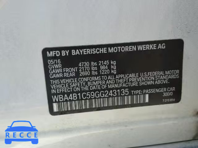 2016 BMW 435I GRAN WBA4B1C59GG243135 зображення 9