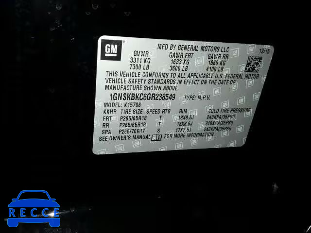 2016 CHEVROLET TAHOE LT 1GNSKBKC6GR238549 image 9