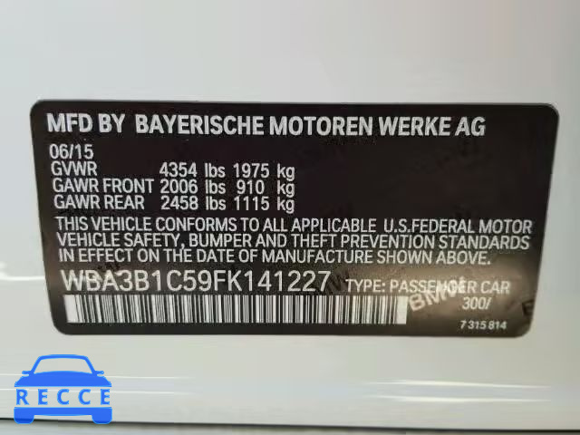 2015 BMW 320I WBA3B1C59FK141227 зображення 9