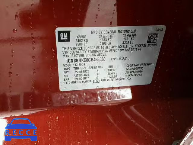 2016 CHEVROLET K1500 SUBU 1GNSKHKC8GR459038 Bild 9