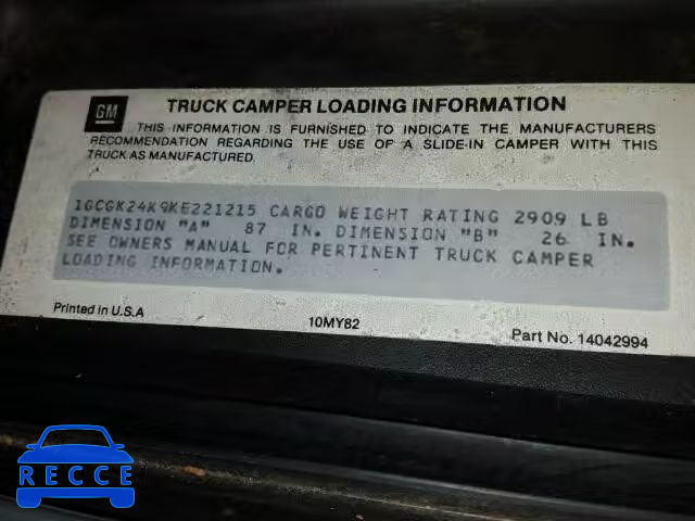 1989 CHEVROLET K2500 1GCGK24K9KE221215 image 9