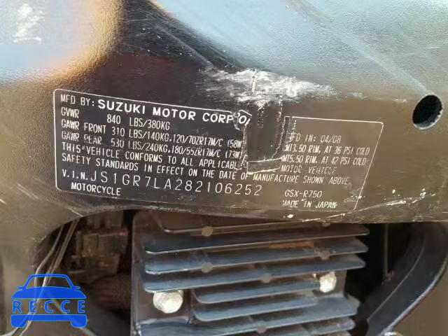 2008 SUZUKI GSX-R750 JS1GR7LA282106252 image 9