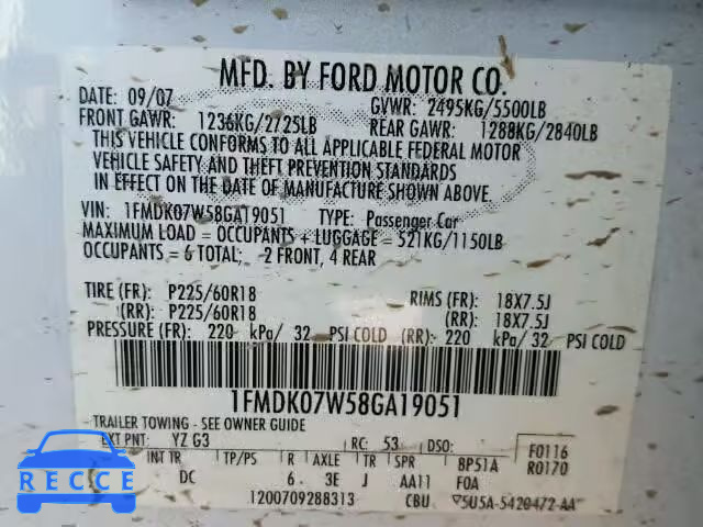 2008 FORD TAURUS X E 1FMDK07W58GA19051 зображення 9