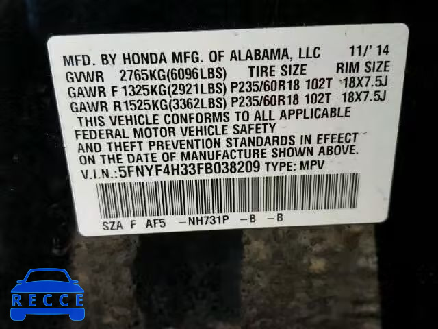 2015 HONDA PILOT SE 5FNYF4H33FB038209 image 9