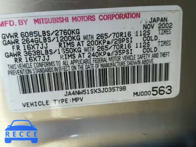 2003 MITSUBISHI MONTERO LI JA4NW51SX3J035798 image 9