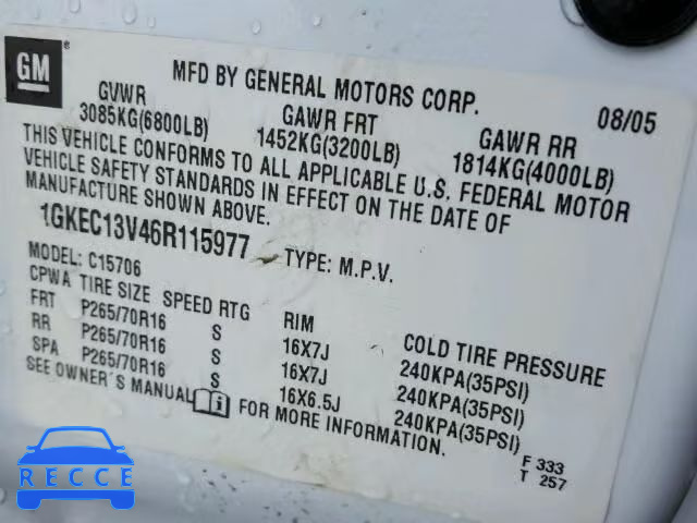 2006 GMC YUKON 1GKEC13V46R115977 image 9