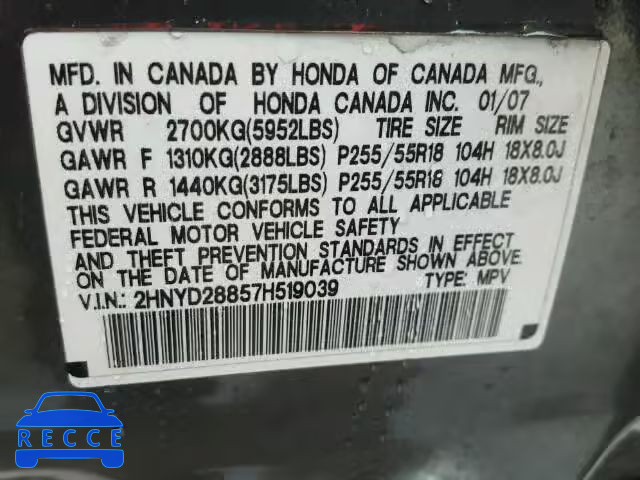 2007 ACURA MDX SPORT 2HNYD28857H519039 image 9