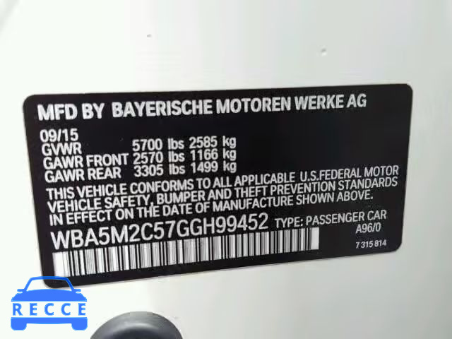 2016 BMW 535I GT WBA5M2C57GGH99452 image 9