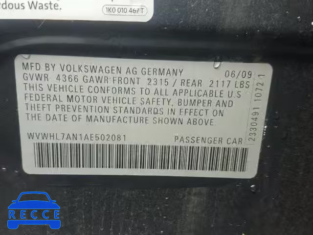2010 VOLKSWAGEN CC LUXURY WVWHL7AN1AE502081 image 9