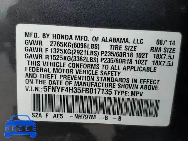 2015 HONDA PILOT SE 5FNYF4H35FB017135 image 9