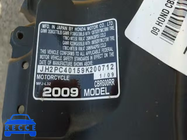 2009 HONDA CBR600RR JH2PC40159K200712 image 9