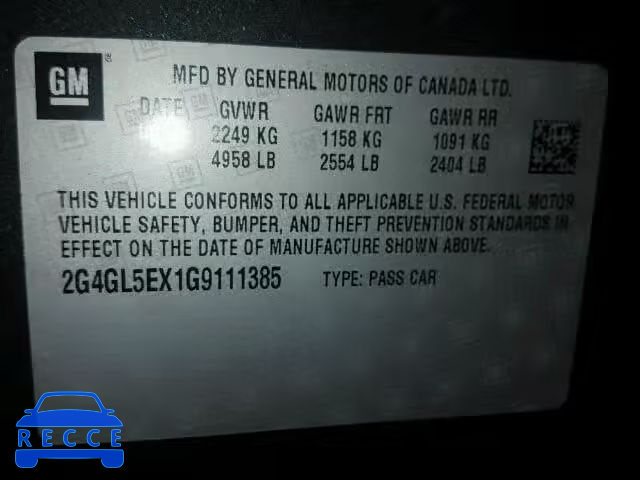 2016 BUICK REGAL 2G4GL5EX1G9111385 image 9