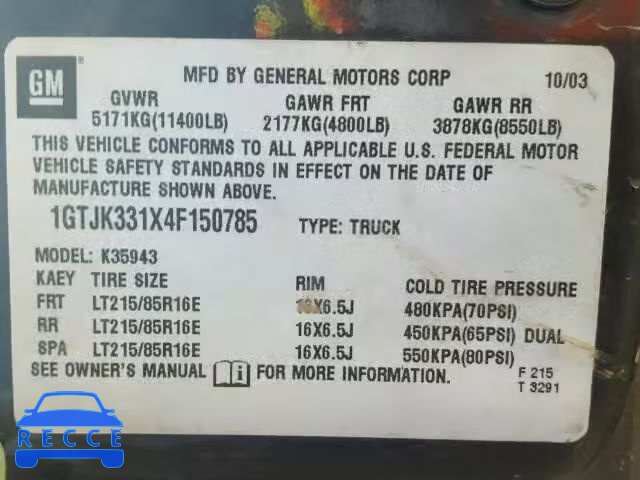 2004 GMC SIERRA K35 1GTJK331X4F150785 зображення 9