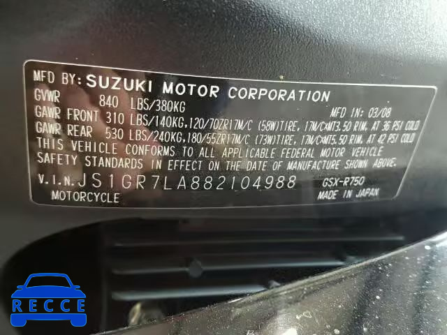 2008 SUZUKI GSX-R750 JS1GR7LA882104988 image 9