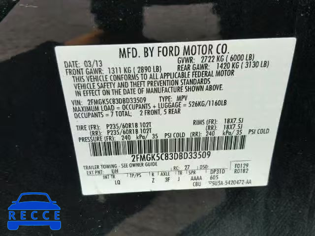 2013 FORD FLEX SEL 2FMGK5C83DBD33509 зображення 9