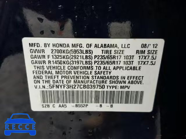 2012 HONDA PILOT LX 5FNYF3H27CB039750 image 9