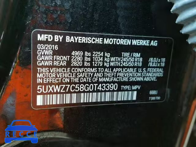 2016 BMW X3 SDRIVE 5UXWZ7C58G0T43390 зображення 9