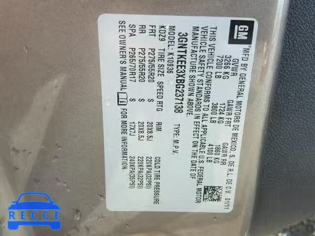 2011 CHEVROLET AVALANCHE 3GNTKEE3XBG237138 image 9
