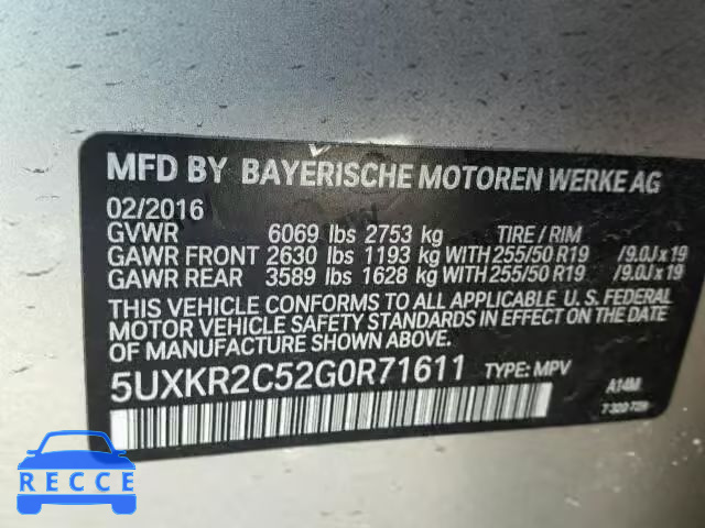 2016 BMW X5 SDRIVE3 5UXKR2C52G0R71611 зображення 9