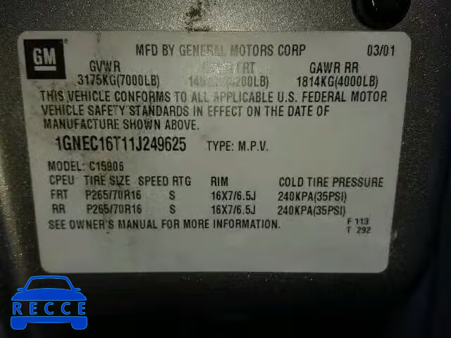 2001 CHEVROLET SUBURBAN 1GNEC16T11J249625 image 9