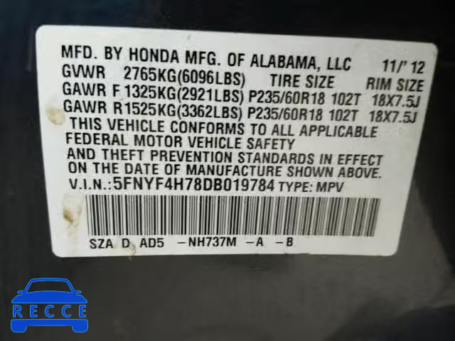 2013 HONDA PILOT EXLN 5FNYF4H78DB019784 image 9