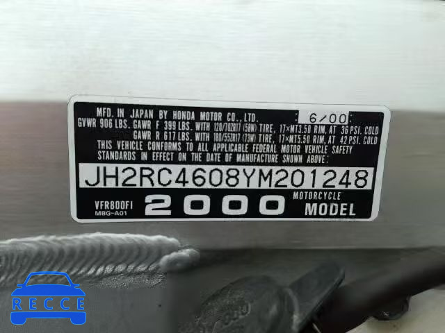 2000 HONDA VFR800F1 JH2RC4608YM201248 image 9