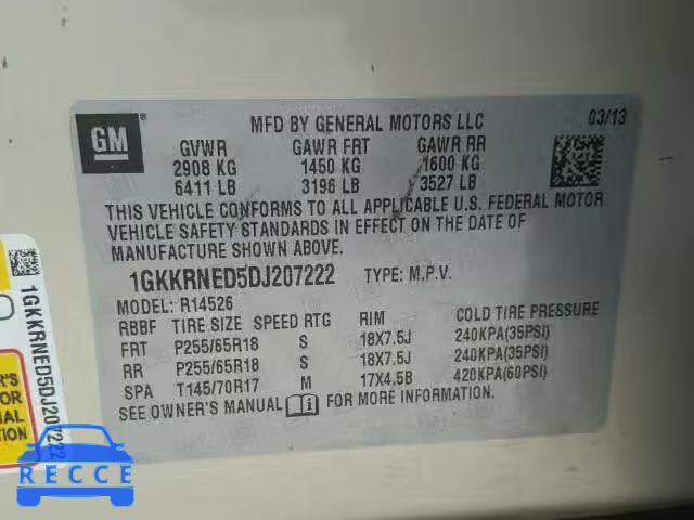 2013 GMC ACADIA SLE 1GKKRNED5DJ207222 image 9