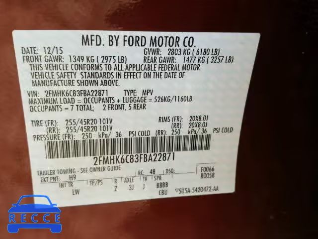 2015 FORD FLEX SEL 2FMHK6C83FBA22871 зображення 9