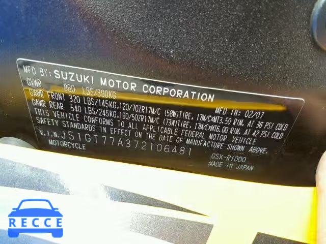 2007 SUZUKI GSX-R1000 JS1GT77A372106481 image 9