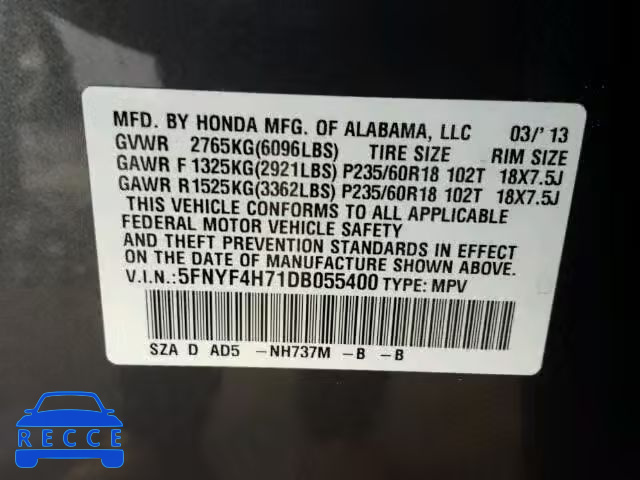 2013 HONDA PILOT EXLN 5FNYF4H71DB055400 image 9