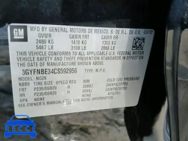 2012 CADILLAC SRX PERFOR 3GYFNBE34CS592956 image 9