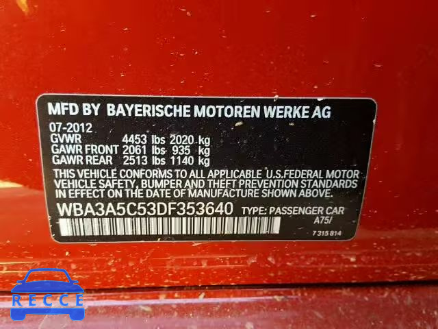 2013 BMW 328I WBA3A5C53DF353640 зображення 9