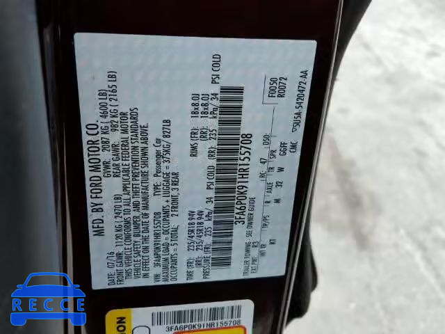 2017 FORD FUSION TIT 3FA6P0K91HR155708 Bild 9