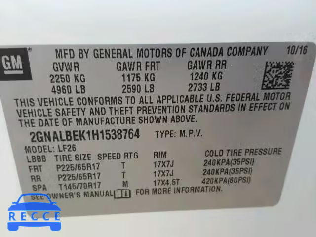 2017 CHEVROLET EQUINOX LS 2GNALBEK1H1538764 image 9