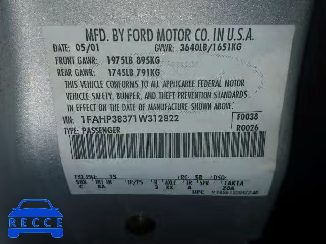 2001 FORD FOCUS ZTS 1FAHP38371W312822 image 9