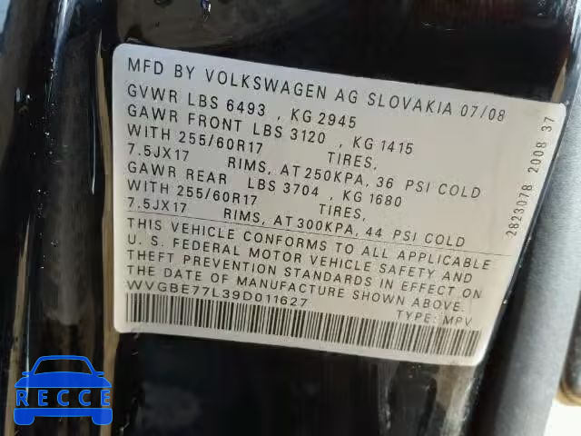 2009 VOLKSWAGEN TOUAREG 2 WVGBE77L39D011627 image 9